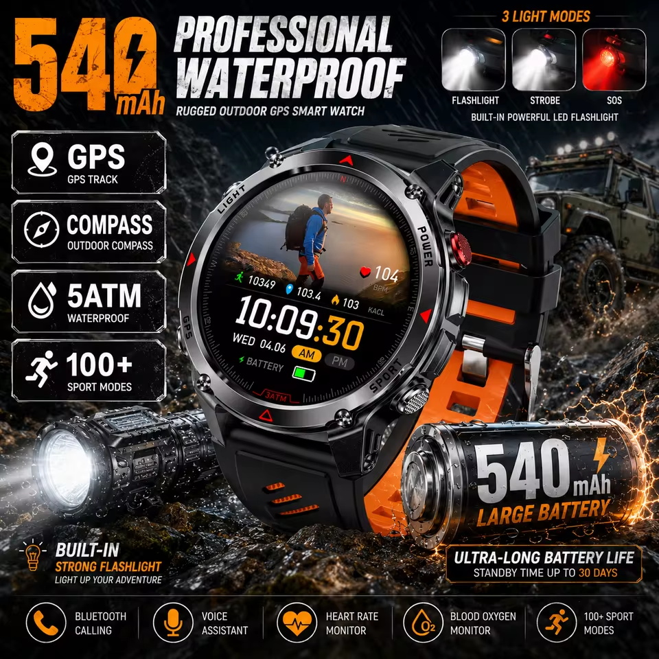 Outdoor Sport Smart Watch - Military 540mAh GPS Smart Watch 3ATM